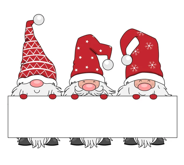 Carte Noël Trois Gnomes Avec Signe Vierge Vecteur Isolé — Image vectorielle