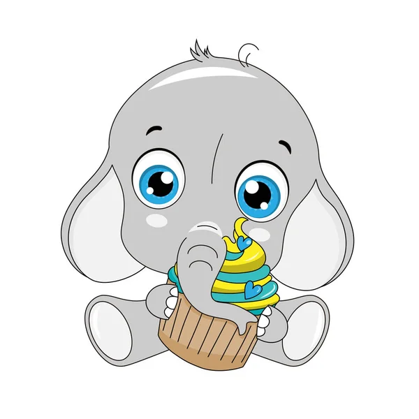 Elefante Bonito Com Cupcake Nas Mãos Vetor Isolado —  Vetores de Stock