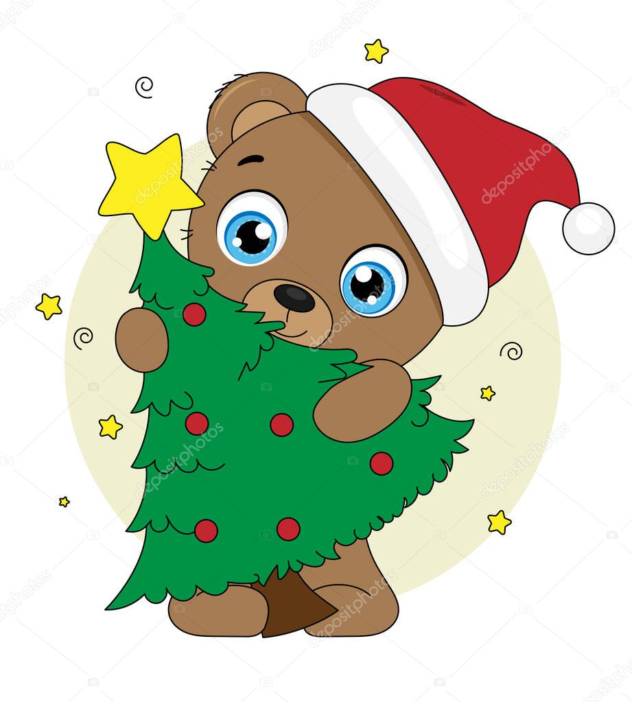 Christmas card. Bear with Santa Claus hat and Christmas tree