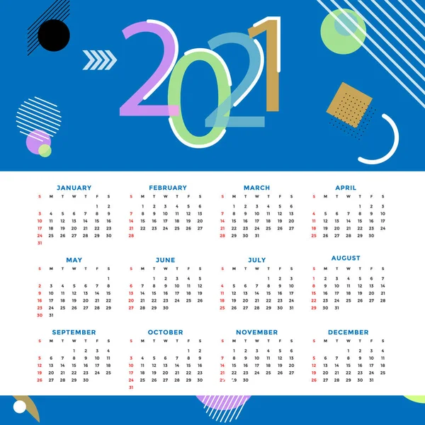 Calendar 2021 English Calender Template Vector Grid Creative Design — Stock Vector