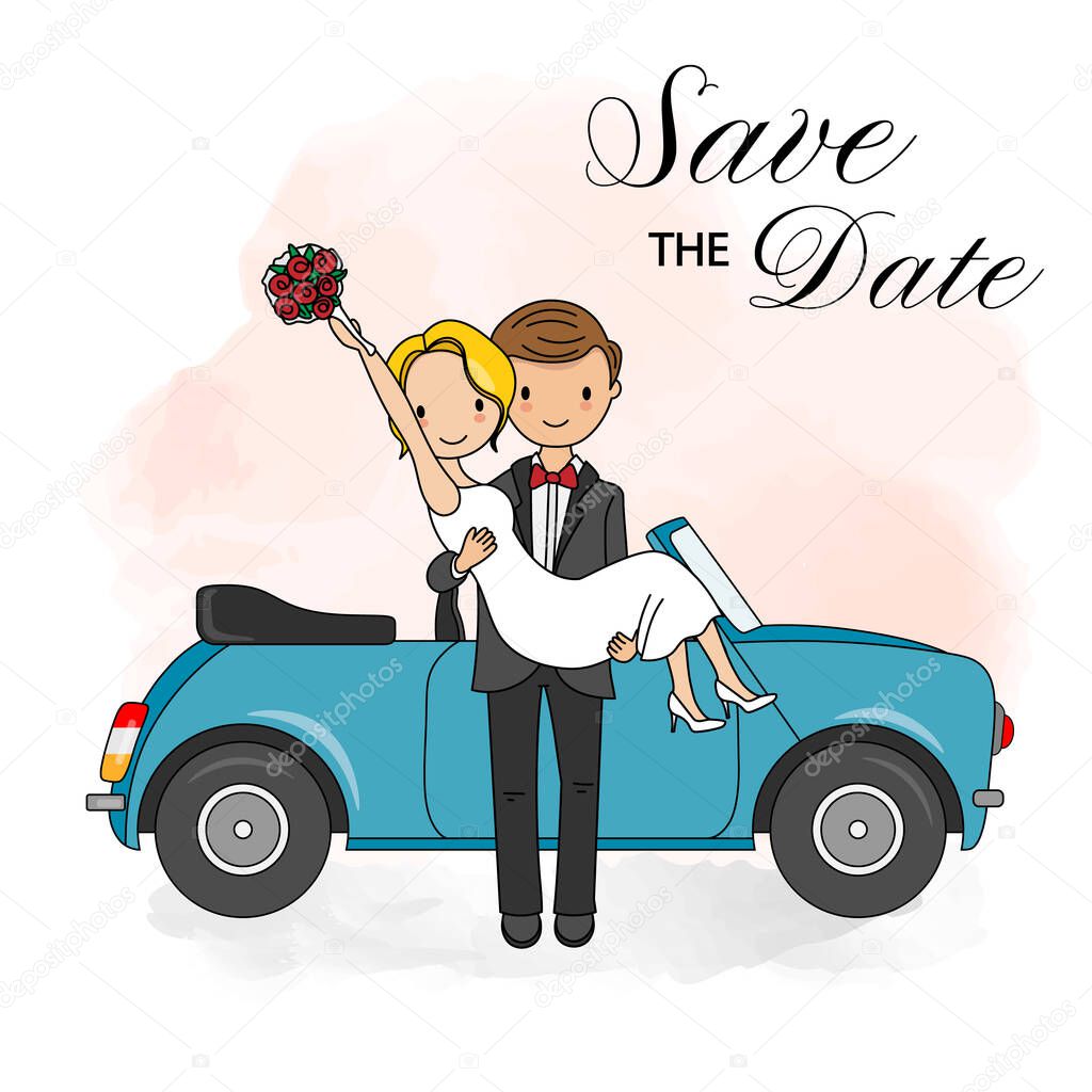 Wedding invitation card. Groom carrying his girlfriend in front car