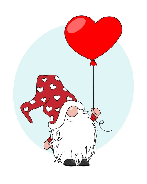 Liefdeskaart Gnome Met Hartvormige Ballon Geïsoleerde Vector — Stockvector