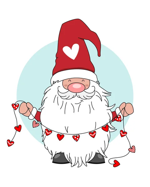 Kärlekskort Gnome Med Krans Hjärtan Isolerad Vektor — Stock vektor