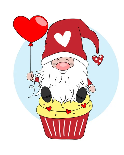 Liefdeskaart Gnome Zit Een Cupcake Geïsoleerde Vector — Stockvector