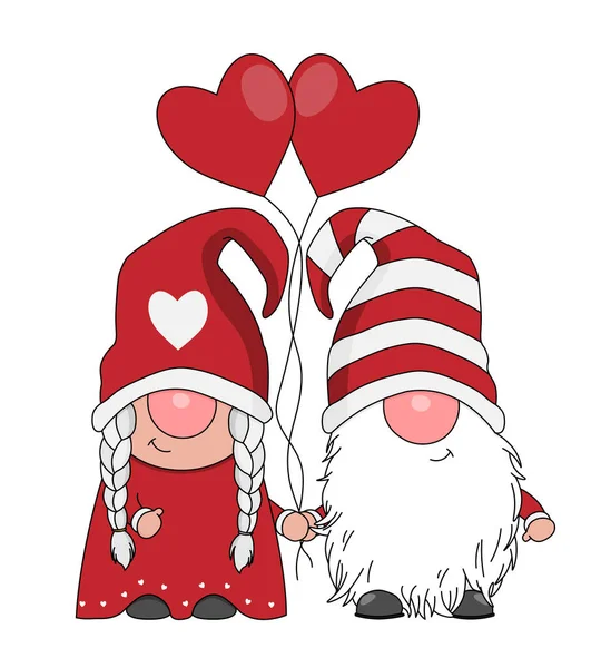 Karta Miłości Para Gnomów Trzymających Się Ręce Balonami Kształcie Serca — Wektor stockowy