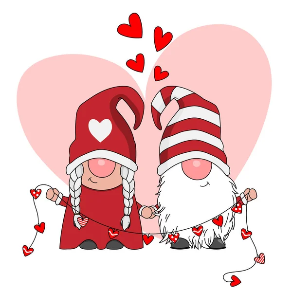 Carte Amour Couple Gnomes Tenant Main Avec Une Guirlande Cœurs — Image vectorielle