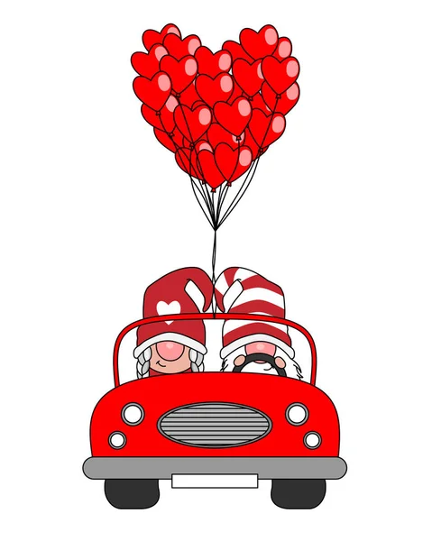 Love Card Gnome Couple Car Many Balloons Shape Hearts — Stock Vector