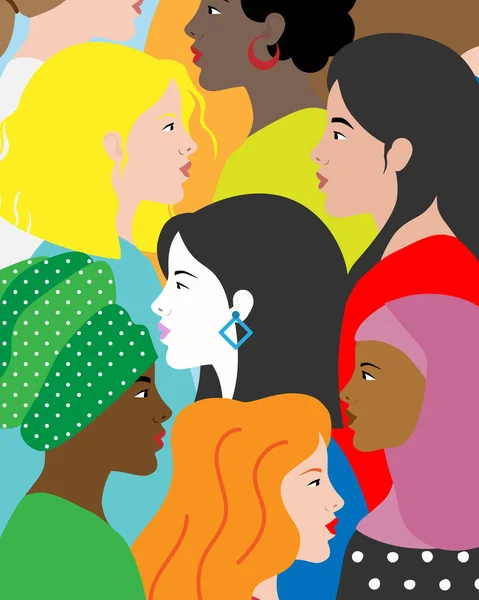 International Women Day Poster Profile Faces Different Races — Stock Vector