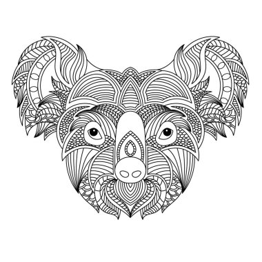 Koala baş boyama kitabı illüstrasyonu. Siyah ve beyaz çizgiler. Tişört ve boyama kitapları için yazdır.