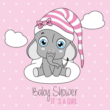 Bebek partisi kartı. Yatmadan önce bulutun üzerinde oturan sevimli fil.