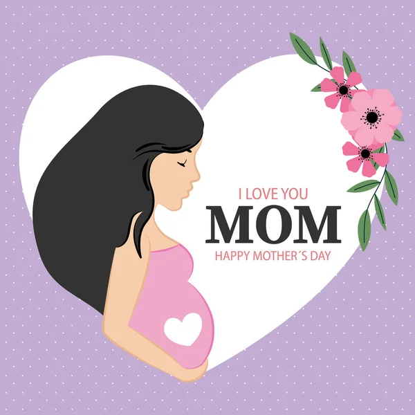 Mother Day Floral Card Profile Pregnant Woman — Stock Vector
