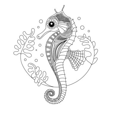 Deniz atı boyama kitabı illüstrasyonu. Siyah ve beyaz çizgiler. Tişört ve boyama kitapları için yazdır.