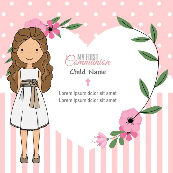 First Communion Card Girl Flower Frame — Stock Vector