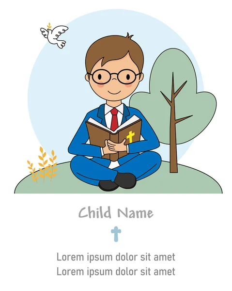 Πρώτη Μου Κάρτα Μετάληψης Αγόρι Που Διαβάζει Βίβλο — Διανυσματικό Αρχείο