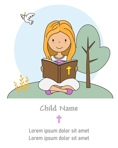 First Communion Card Girl Reading Bible — Stock Vector