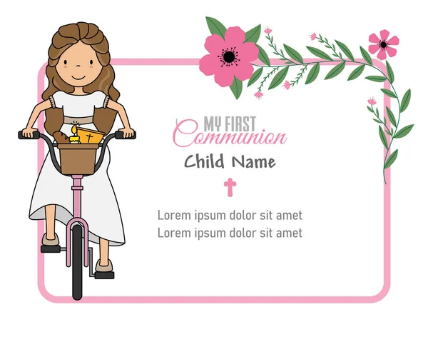 Mitt Första Nattvardskort Flicka Cykel Och Ram Med Plats För — Stock vektor