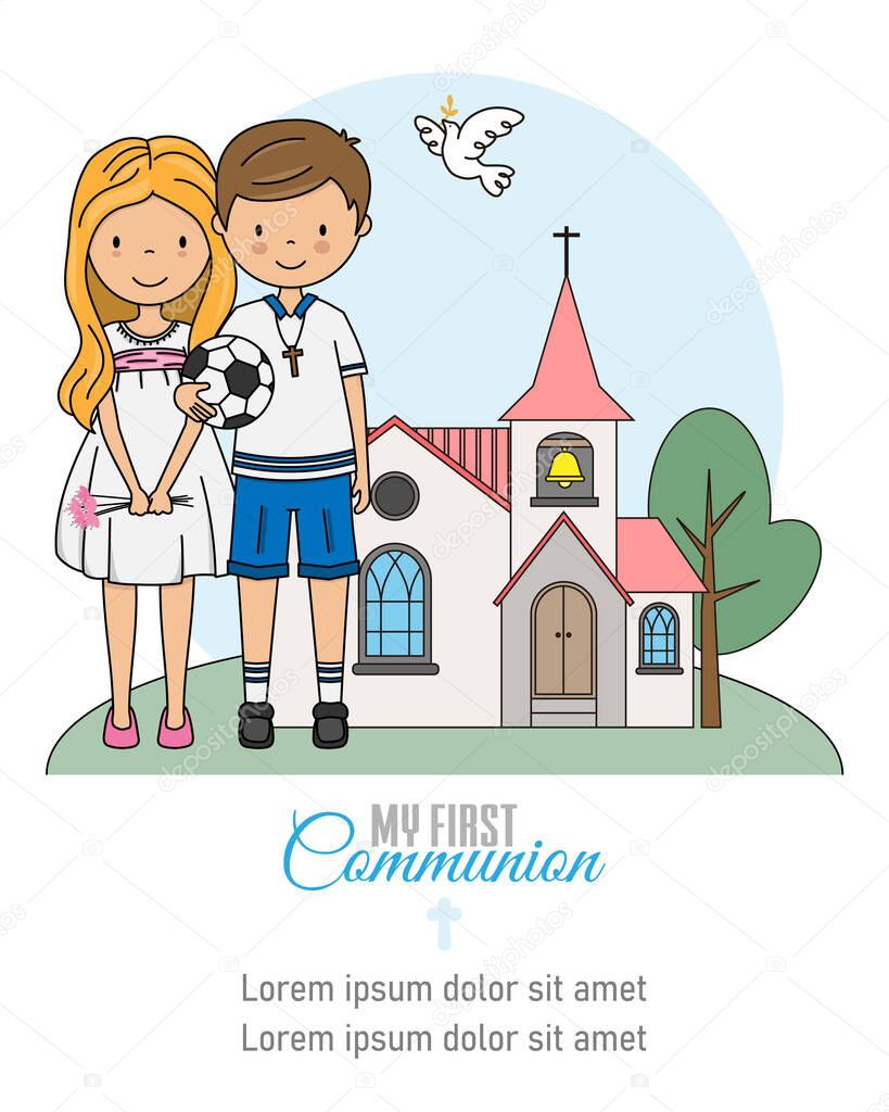 My first communion card. Girl and boy in front of the church