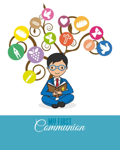 First Communion Card Boy Reading Bible Tree Religion Icons — Stock Vector