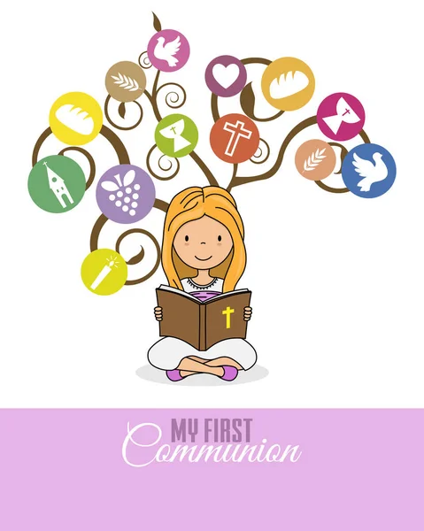 First Communion Card Girl Reading Bible Tree Religion Icons — Stock Vector