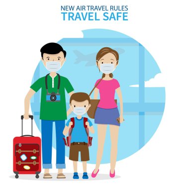 Maskeli bir aile havaalanında. İyi yolculuklar.