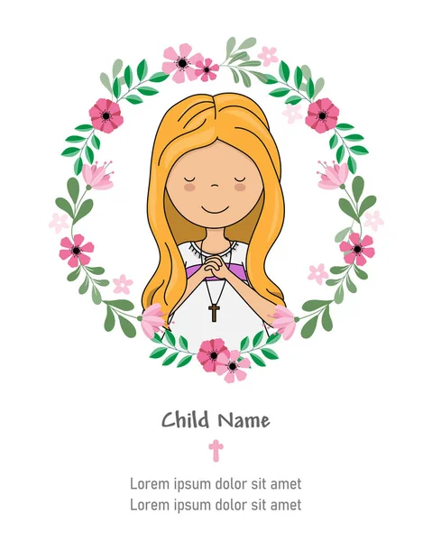 First Communion Card Girl Praying — Stock Vector