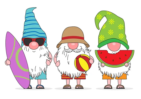 Καλοκαιρινά Ξωτικά Gnomes Ιστιοσανίδα Beach Ball Και Καρπούζι — Διανυσματικό Αρχείο