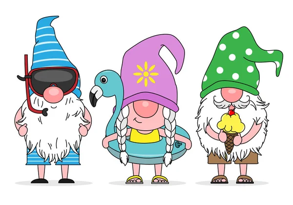 Καλοκαιρινά Ξωτικά Gnomes Float Γυαλιά Κατάδυσης Και Παγωτό — Διανυσματικό Αρχείο