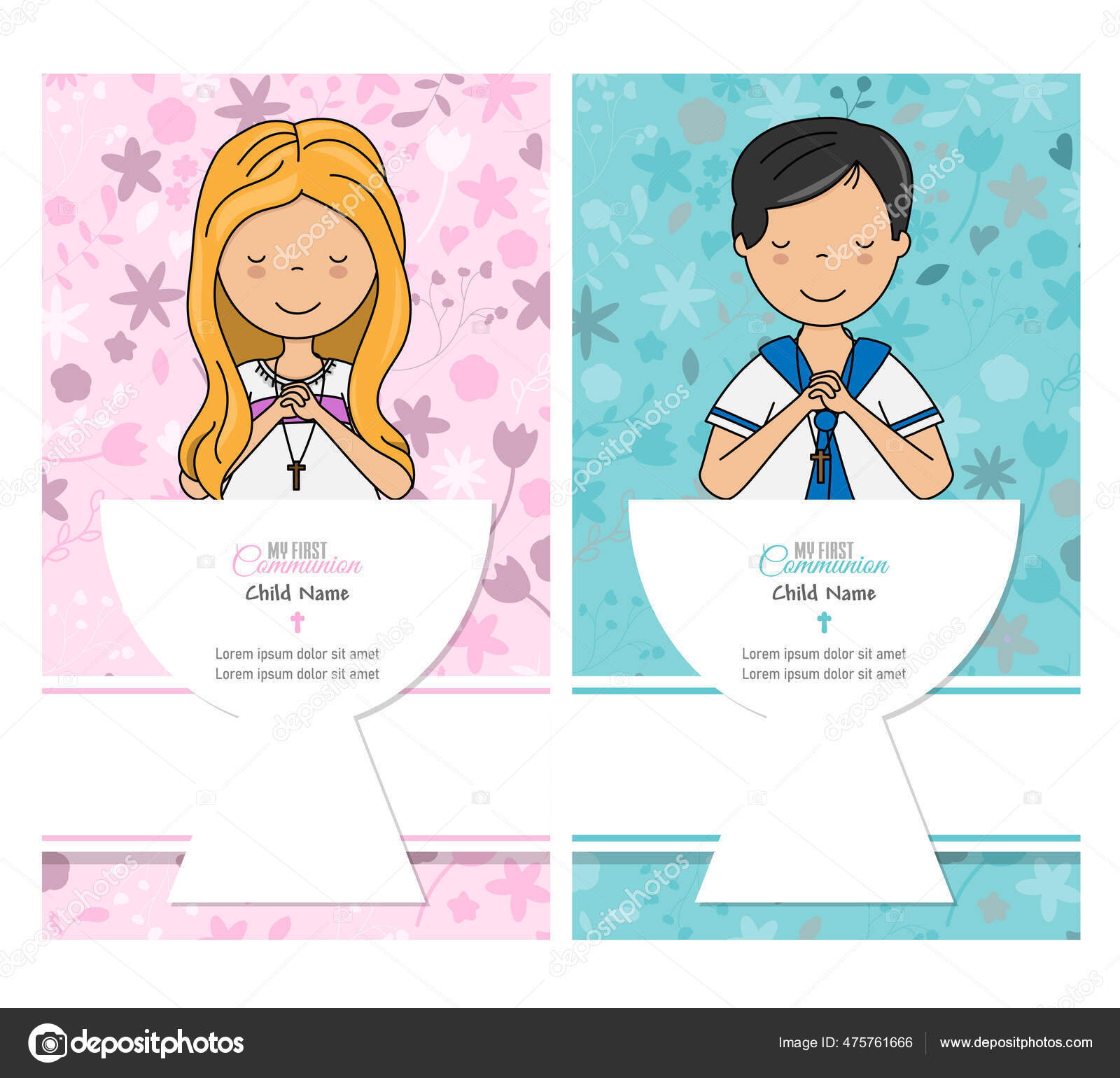 Duas Cartas Minha Primeira Comunhão Para Menino Menina Crianças Rezando  Vetor de ©sbego 475761666, image size:1600x1540