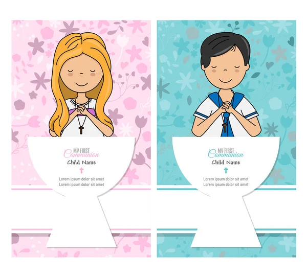Two Cards First Communion Boy Girl Children Praying Space Text — Stock Vector