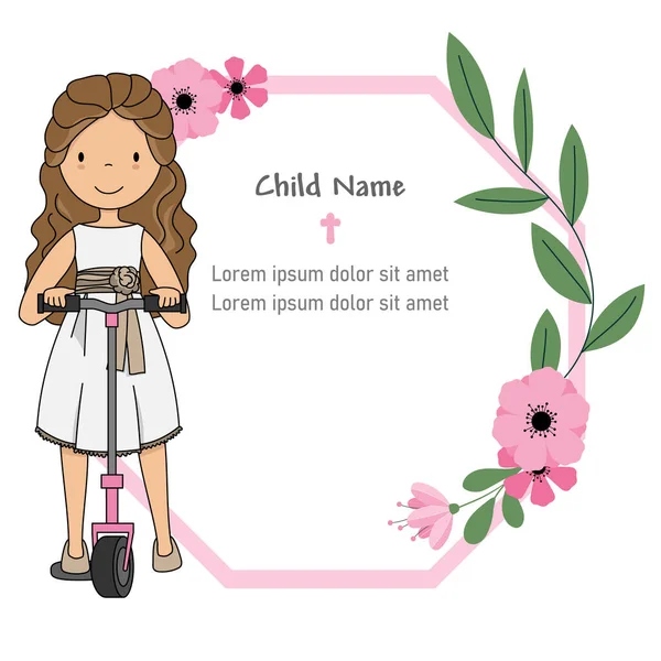 First Communion Card Girl Scooter Frame Space Text Photo — Stock Vector