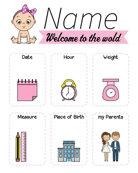 Baby Birth Print Baby Data Template Birth Weight Measurement Place — Stock Vector