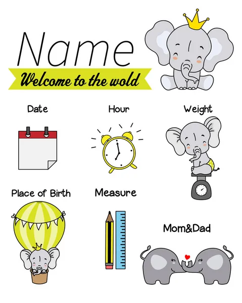 Baby Birth Print Baby Data Template Birth Weight Measurement Place — Stock Vector