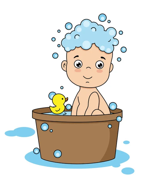 Niños Pequeños Bañándose Junto Pato Goma Vector Aislado — Vector de stock