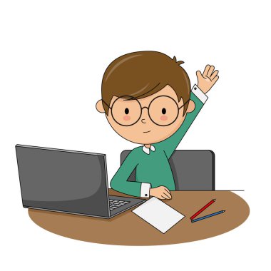 Dizüstü bilgisayarla çalışan çocuk bir soru sormak için elini kaldırır. İzole vektör