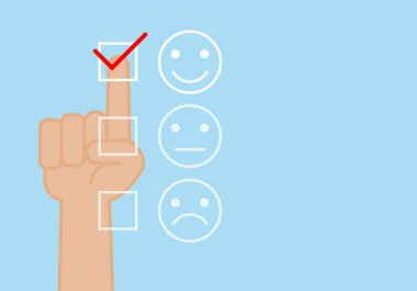 Elle puanlama yapmak için mutlu simgeler seçin. Müşteri hizmetleri deneyimi ve iş tatmini araştırma konsepti. Vektör
