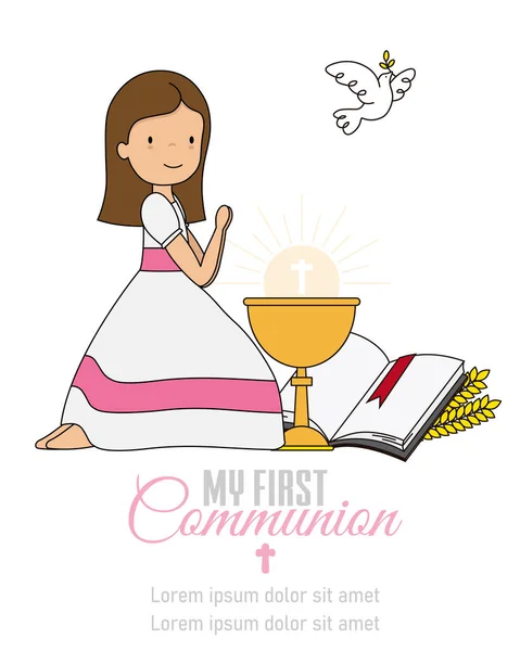 Première Carte Communion Jeune Fille Priant Côté Calice Bible — Image vectorielle