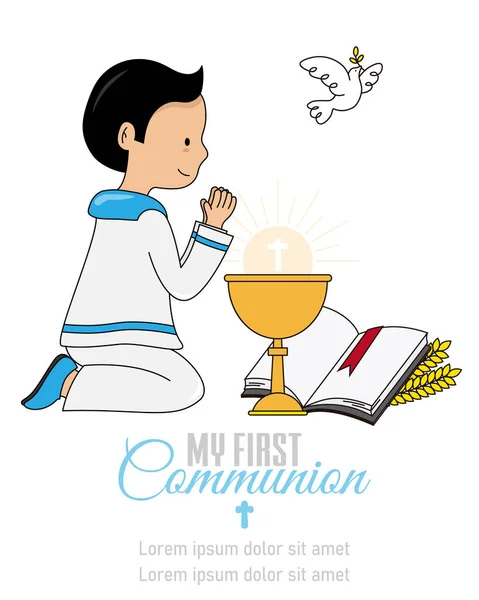 Première Carte Communion Garçon Priant Côté Calice Bible — Image vectorielle