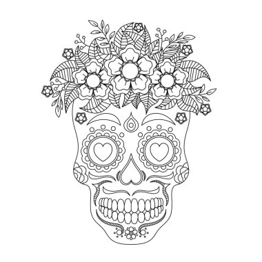 Kafatası boyama kitabı illüstrasyonu. Siyah ve beyaz çizgiler. Tişört ve boyama kitapları için yazdır.