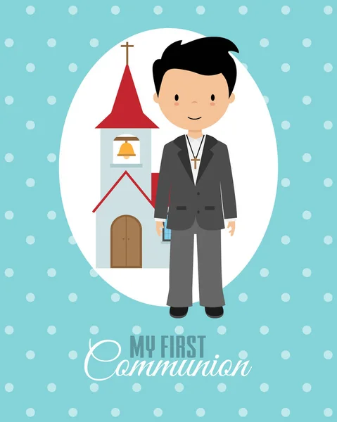 First Communion Card Boy Next Church — Stock Vector