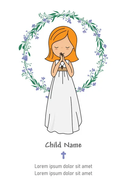 First Communion Card Girl Praying Isolated Vector — Stock Vector
