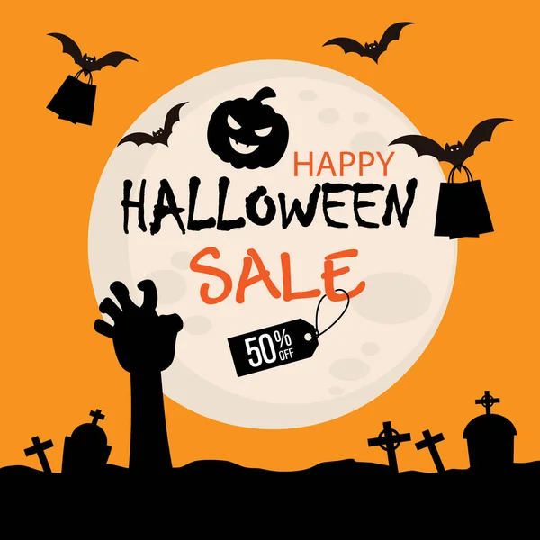 Bannière Vente Halloween Cimetière Chauves Souris Avec Sacs Provisions — Image vectorielle