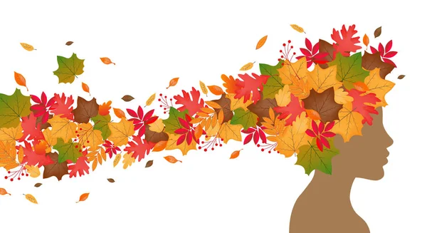 秋の背景 髪の葉を持つポスターの女性 — ストックベクタ