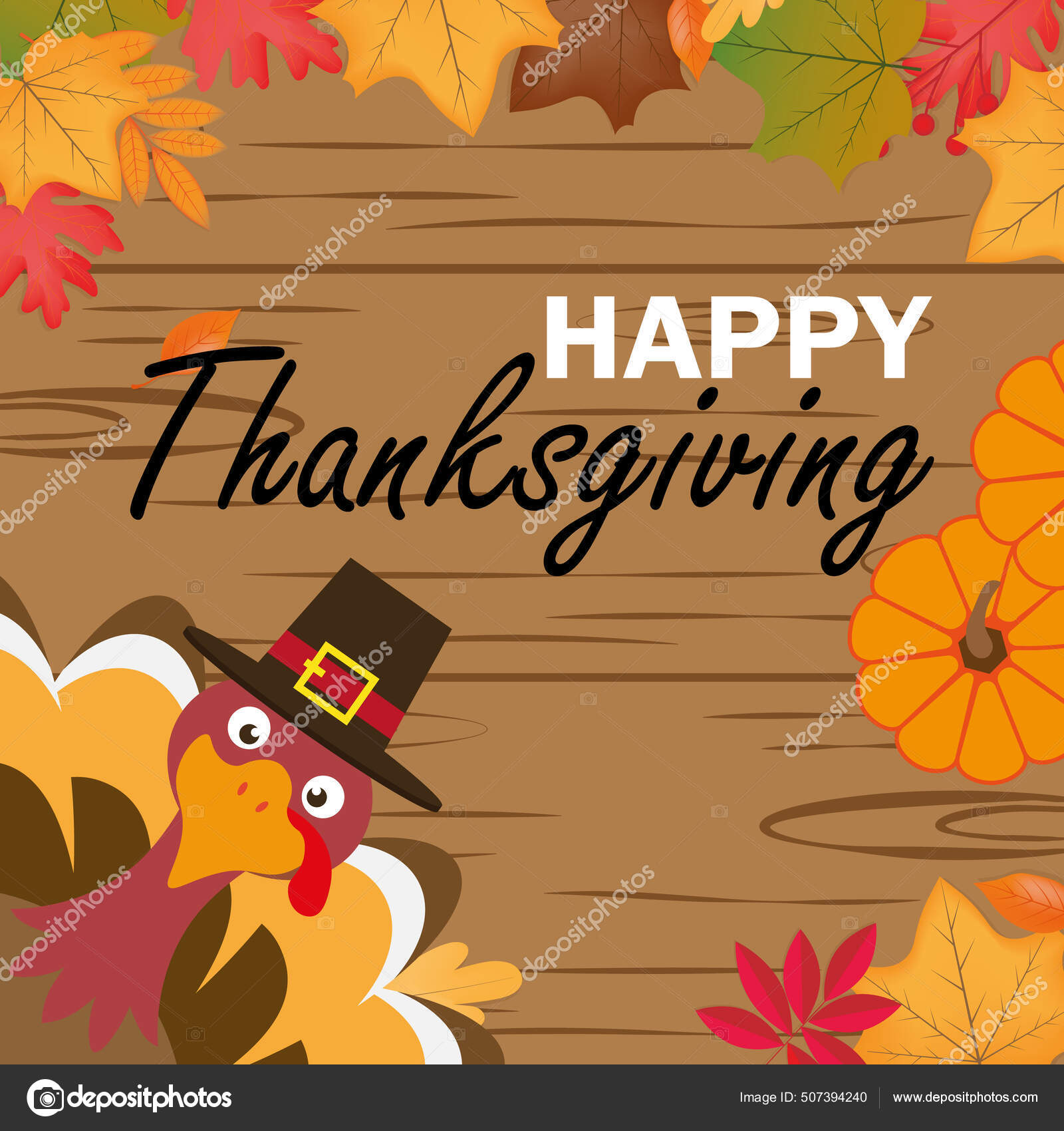 Happy Thanksgiving Card Turkey Autumn Leaves Space Text Stock Vector by ...