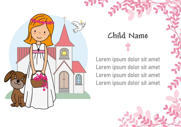 First Communion Card Girl Dog Front Church — Stock Vector