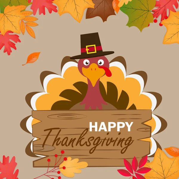 Gelukkige Thanksgiving Kaart Turkije Met Poster Herfst Bladeren Achtergrond — Stockvector