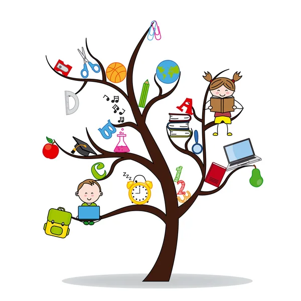Дерево с иконами образования и чтением детей — стоковый вектор