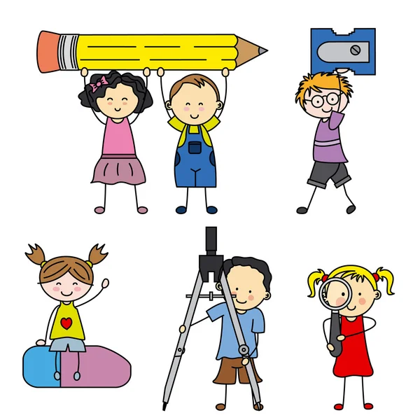 Enfants avec des objets scolaires — Image vectorielle
