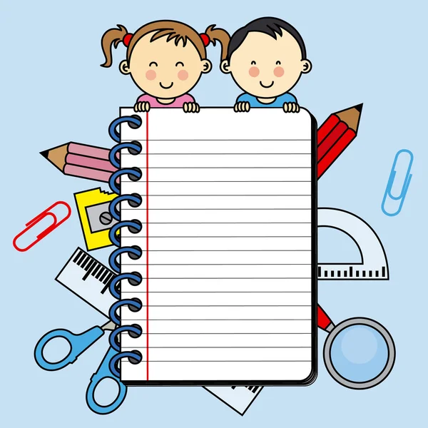 Niños con un cuaderno con espacio para escribir — Vector de stock