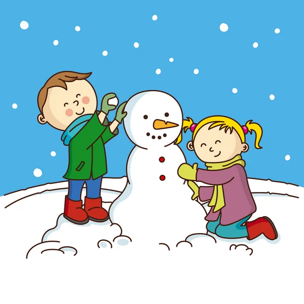 Niños haciendo un muñeco de nieve . — Vector de stock