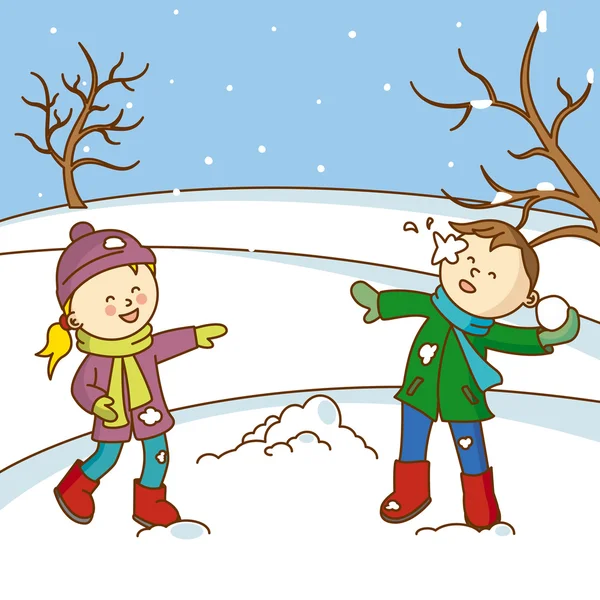Szczęśliwe dzieci gra się rzucać śnieżkami. — Wektor stockowy